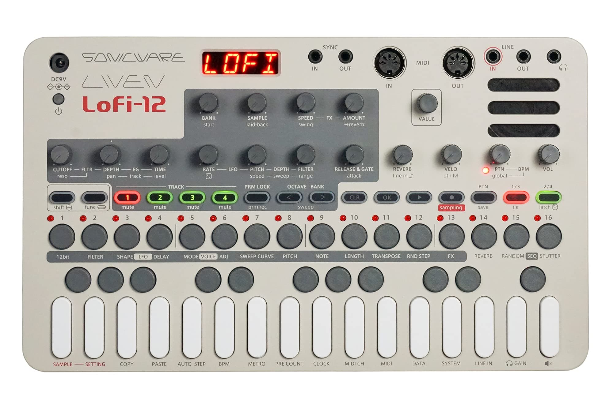 Sonicware Liven Lofi-12 [Lo-fi Groovebox & Sampler] Retro sampling with 12bit Sampler mode, 4-track step sequencer, 10 voices, 12 Track Effects + 9 Master Effect, Battery-powered, Built-in speaker