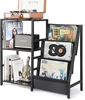 Bikoney Record Player Stand with 3-Tier Vinyl Record Storage for Up to 200 Albums, End Table
