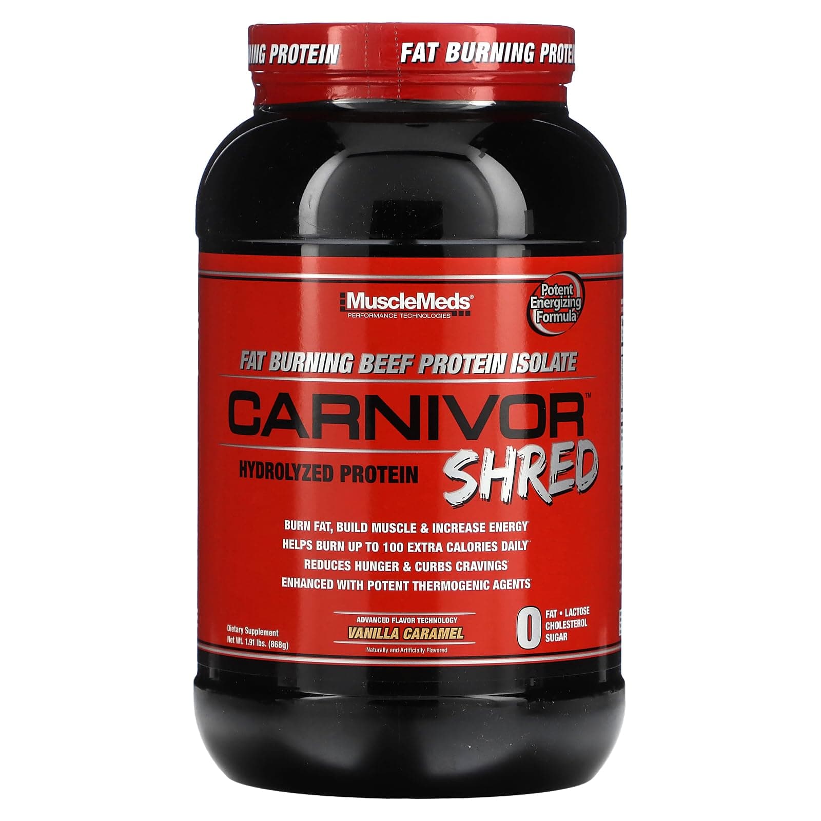 Carnivor Shred Fat Burning Hydrolized Beef Protein Isolate, 0 Lactose, 0 Sugar, 0 Fat, Vanilla Caramel, 2 Pound, 28 Servings