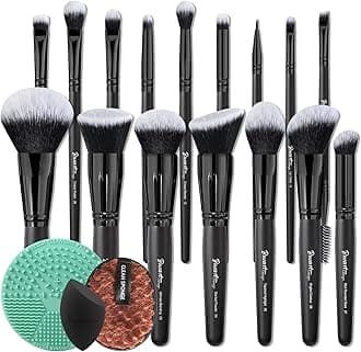 19Pcs Black labeled Makeup Brushes set Contains brush cleaning mat Beauty Sponge, Makeup Remover Pads, Foundation Face Contour Brush set for Blending Blush Concealers Eyeshadow