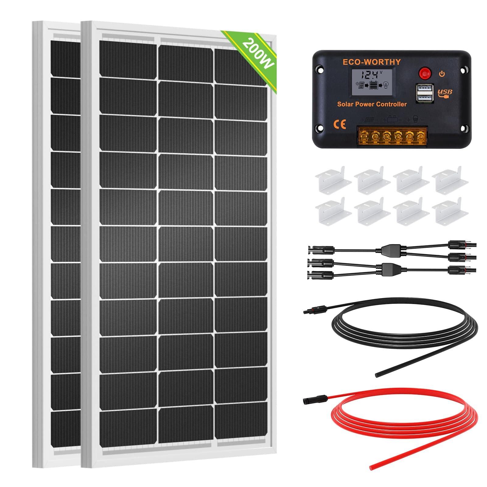 ECO-WORTHY 200 Watt (2pcs 100W) Monocrystalline Solar Panel Complete Off-Grid RV Boat Kit with LCD Charge Controller + Solar Cable + Mounting Brackets for Homes RVs Car Battery Charging