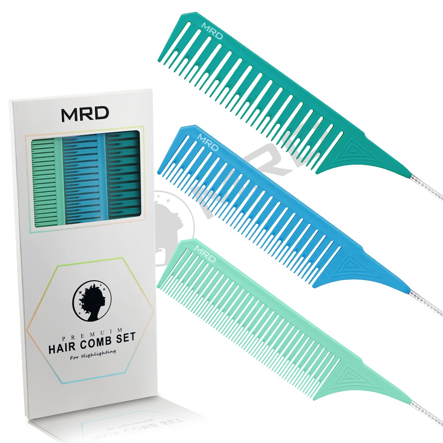 3 Sizes Premium Highlighting Comb Set Professional Weaving Styling With Rat Tail Comb Nylon Teasing Heat Resistant For Hair Salon Barbershop Home(Blue/Green)