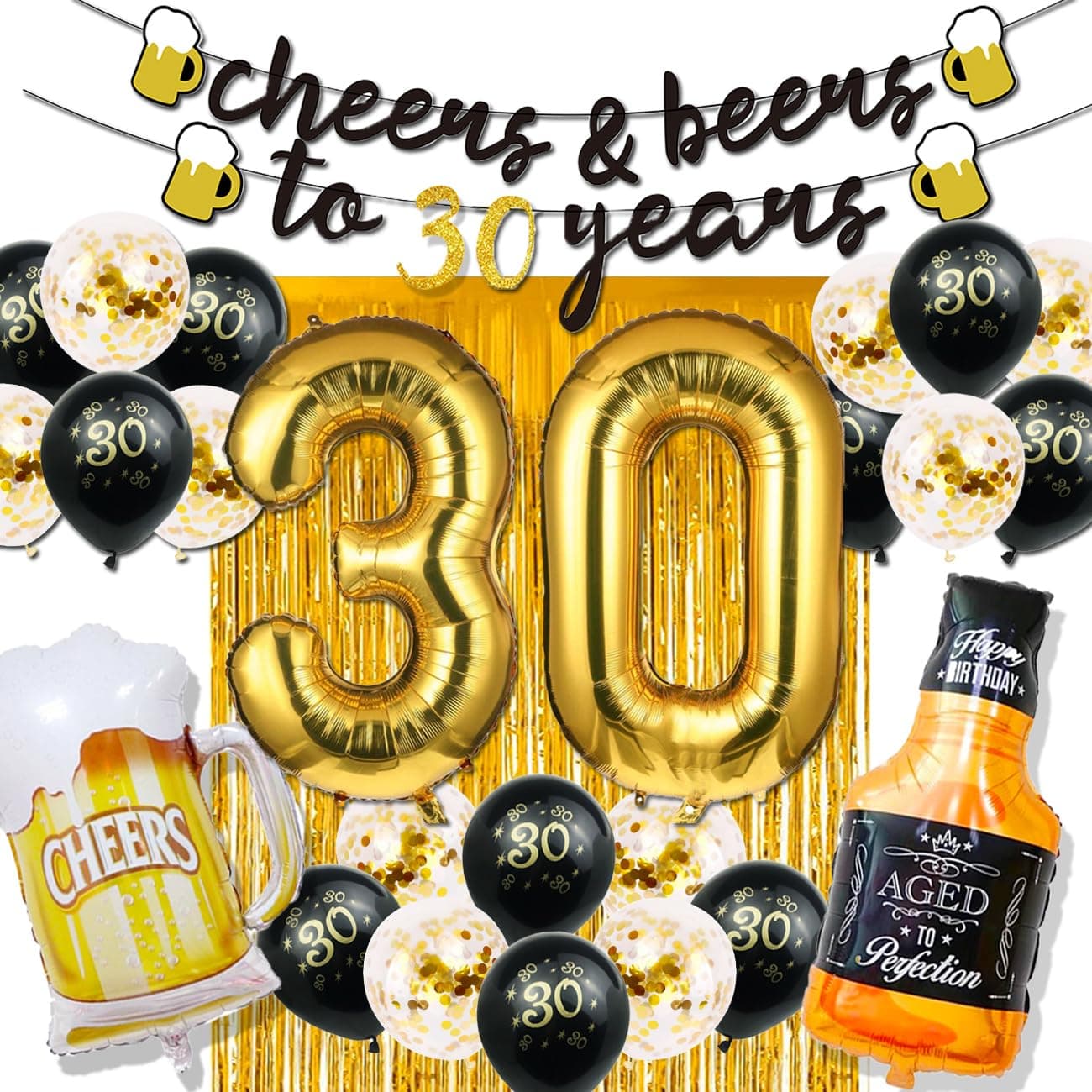 30th Birthday Decorations for Him, 30 Birthday Decorations for her with 40 Inch Gold 30 Number Balloons, Cheers to 30 Years Banner,Fringe Curtains and Cups Foil Balloons