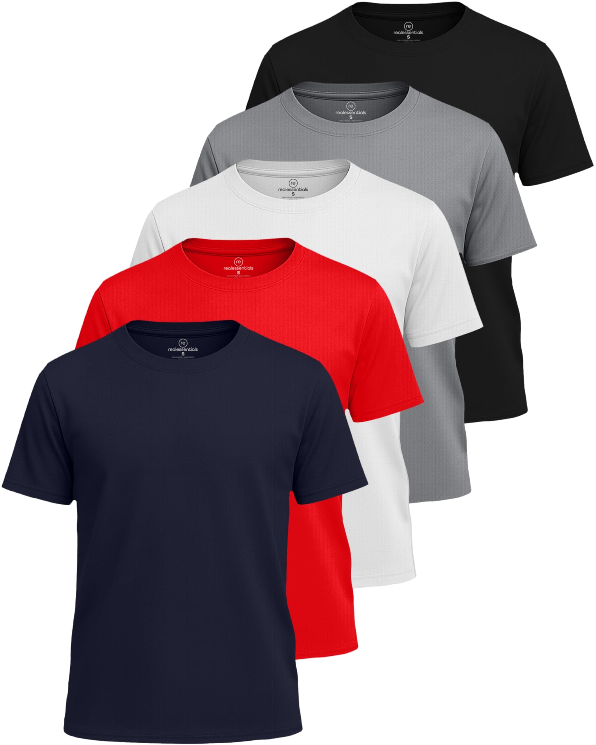 Real Essentials 5 Pack: Boys' Mesh Short Sleeve Athletic T-Shirt - Youth Kids Teens Active Basketball Tops (4-18 Years)