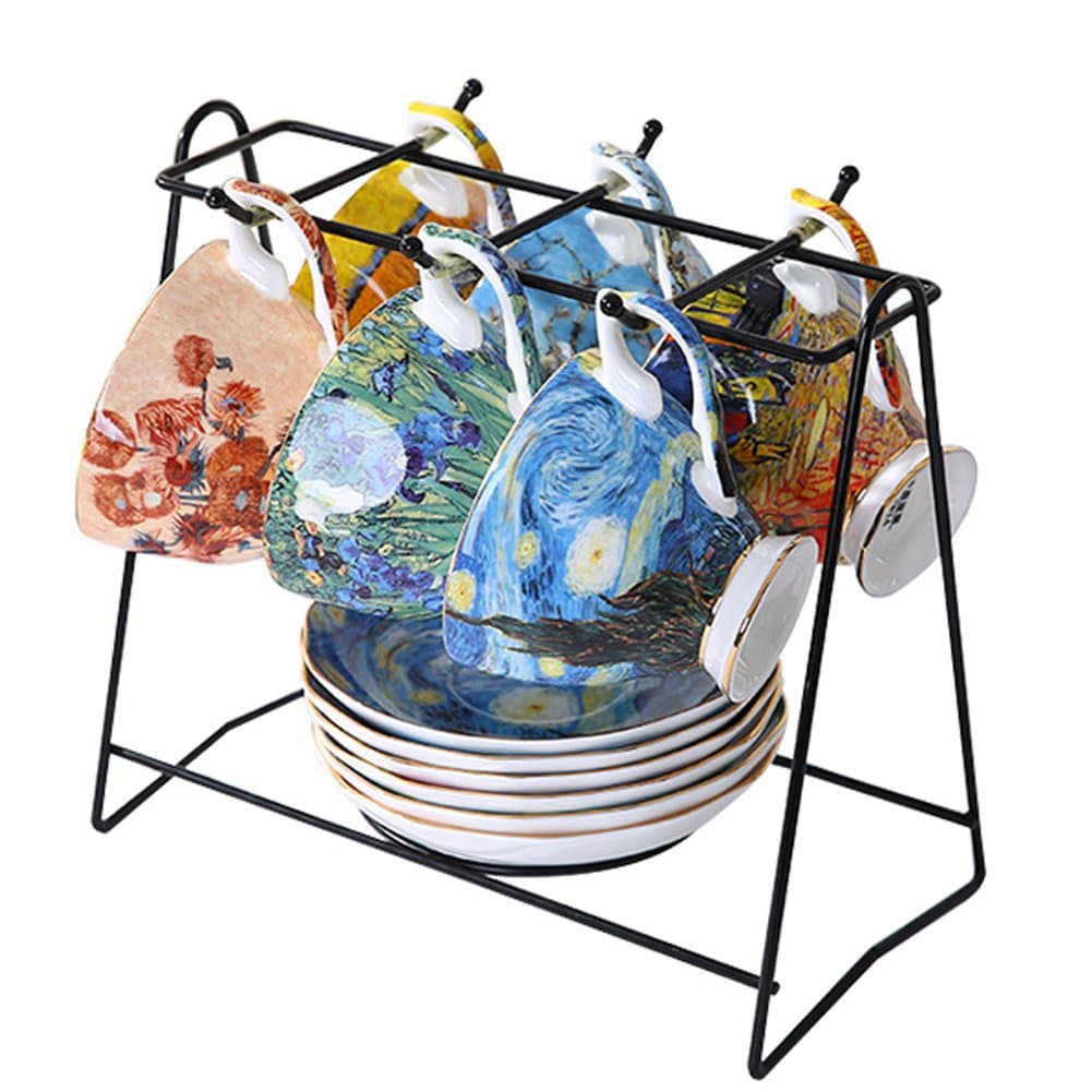 Vincent Van Gogh Bone China Tea Cup and Saucer Set With Gift Box, 8-Ounce Art Coffee Mugs Set (Set of 6)