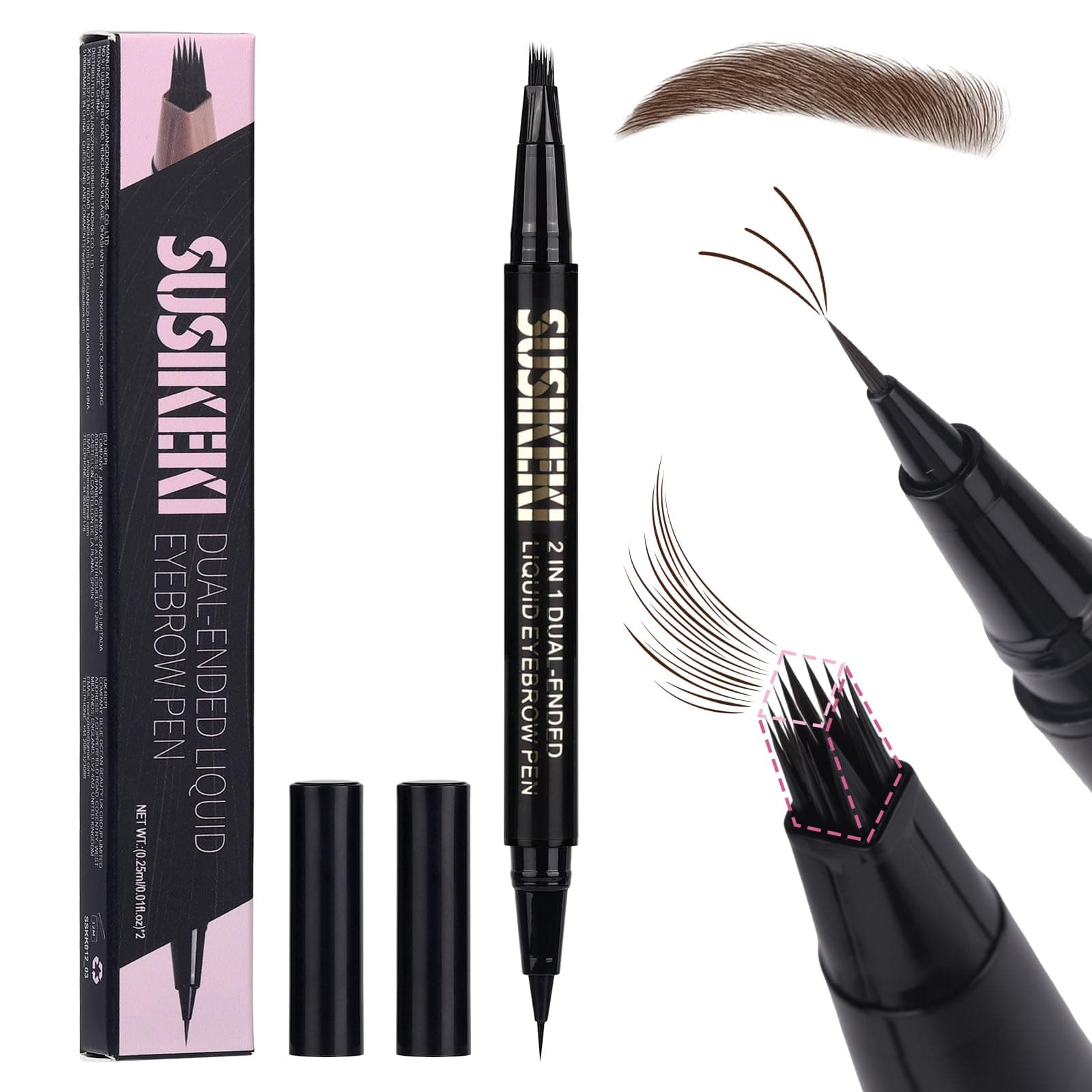 Dual Ended Microblading Eyebrow Pen - 2 in 1 Liquid Eyebrow Pencil with Brow-Fection Angled Brush & Precise Detail Brush-Tip, Shapes & Fills Hair-Like Brows, Lasts All-Day, Black Brown