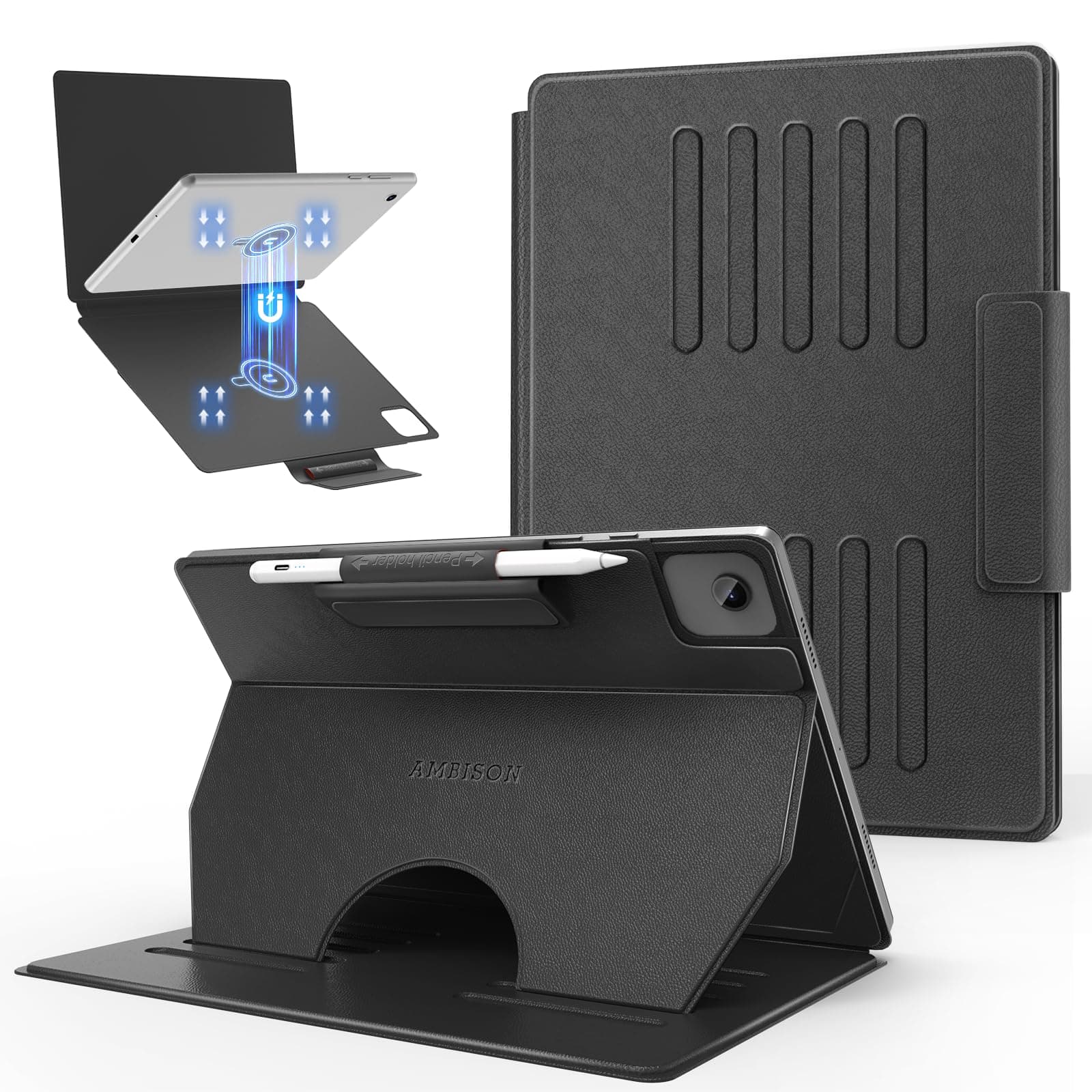 Ambison 9.5"-10.5" Universal Tablet Magnetic Leather Case, Foldable Protective Cover for 9.5 9.7 10.1 10.2 10.5 Inch Android Touchscreen Tablet, Support Multiple Viewing Angles, Pencil Holder -Black