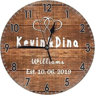 Nsipan Personalized Vintage Wooden Texture Wall Clock, 9.84" x 9.84", Unisex, Analog Display, Customizable with Family or Lover's Name and Anniversary Date