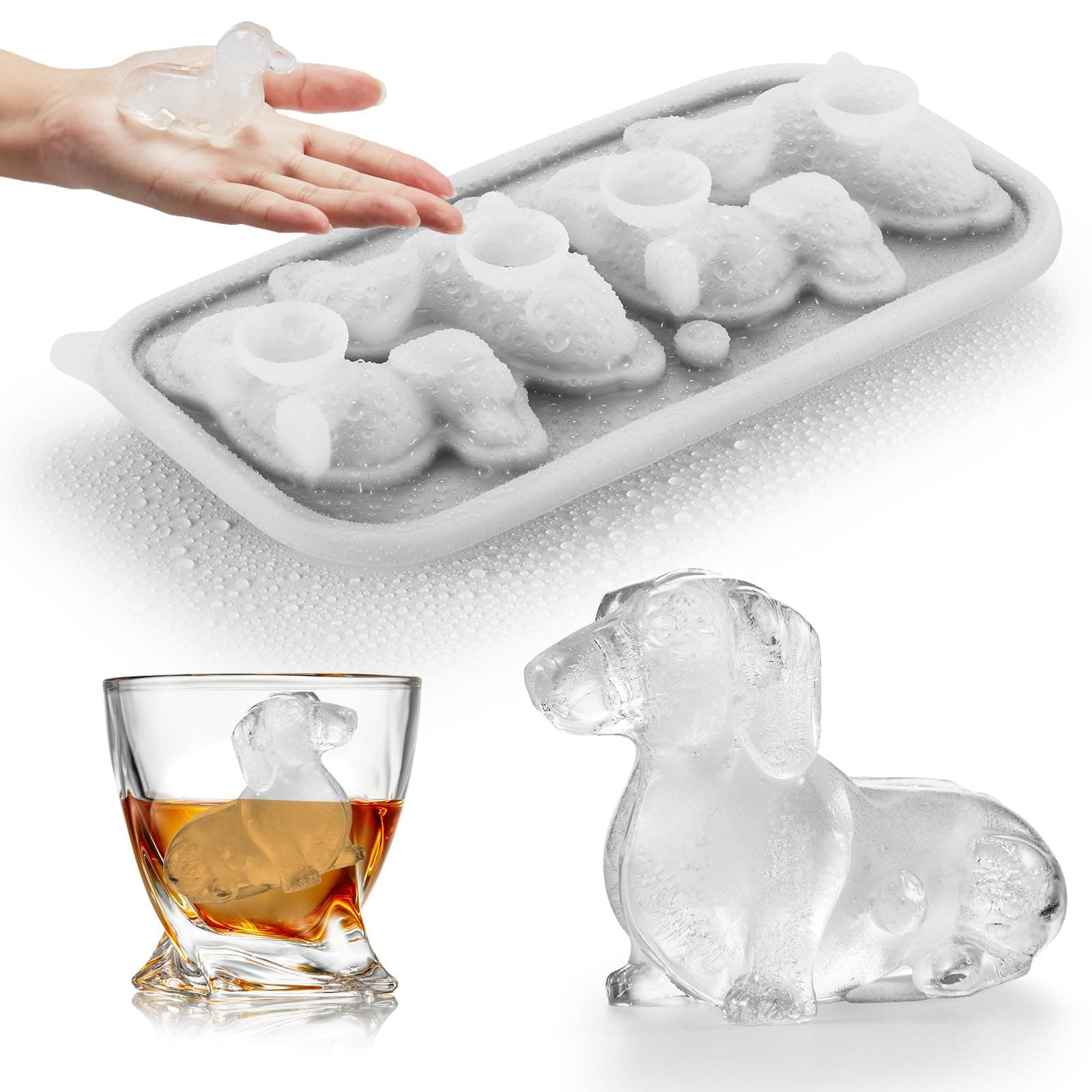 3D Dachshund Dog Ice Cube Mold, 4 Hole Fun Shapes Large Dachshund Dog Ice Cube Tray for Whiskey,Cocktail,Bourbon, Cute Novelty Dachshund Gifts for Women, BPA Free