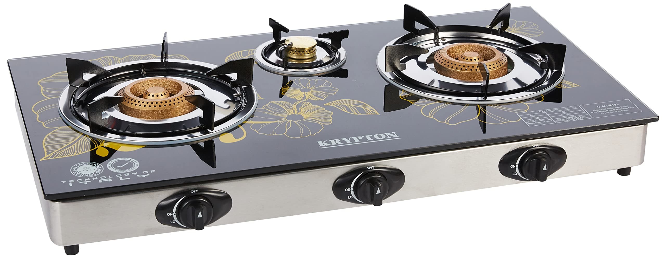 Krypton 3 burner-stainless steel frame and tray-3 Burner - Gas Hob Cooker - Flame Gas Burner with 7mm tempered glass - flame failure safety device- Piezo Auto Ignition, , BLACK, KNGC6060