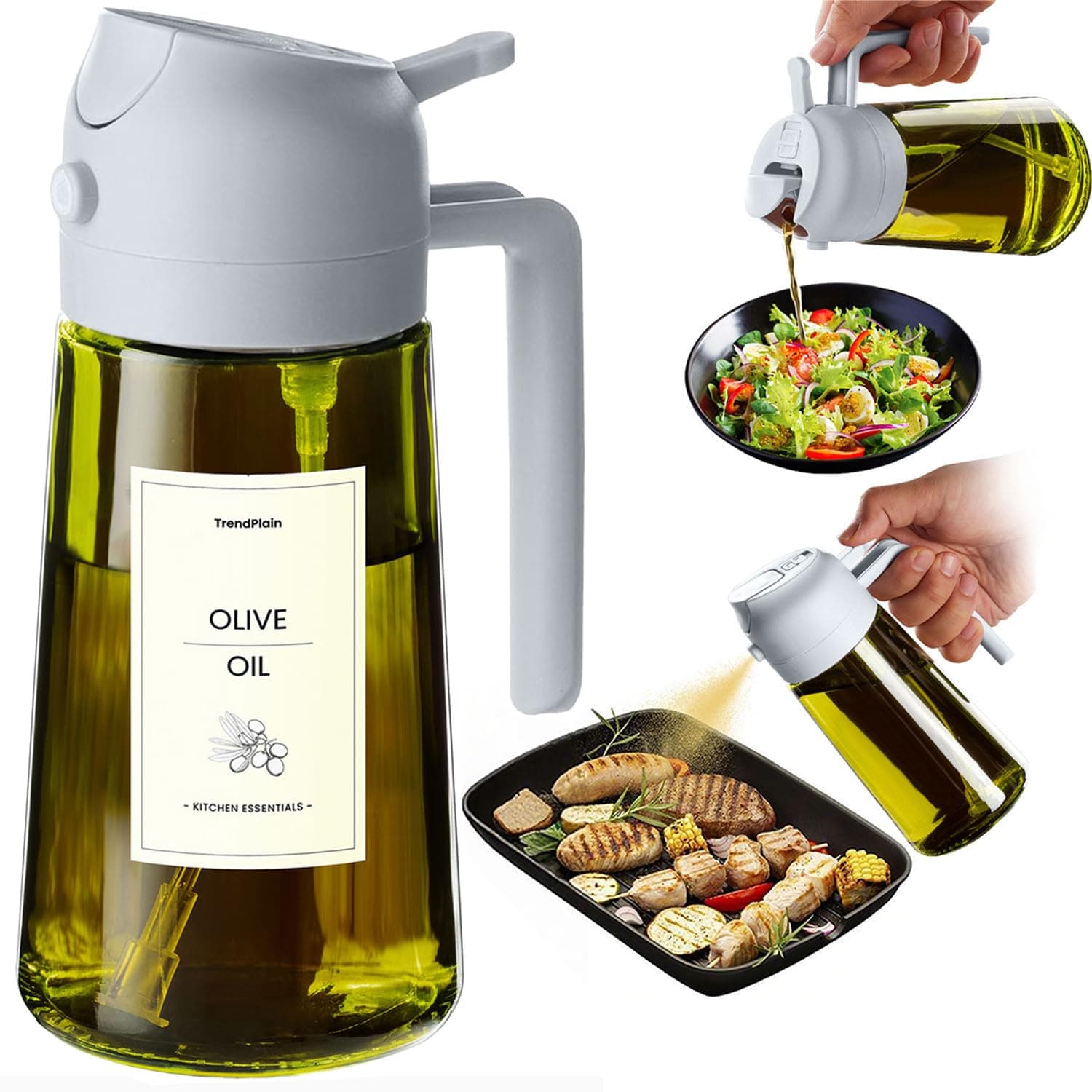 TrendPlain - Original 16oz/470ml Olive Oil Dispenser Bottle for Kitchen Gadgets and Air Fryer Accessories - Olive Oil Sprayer for Cooking w/Stickers - Ash