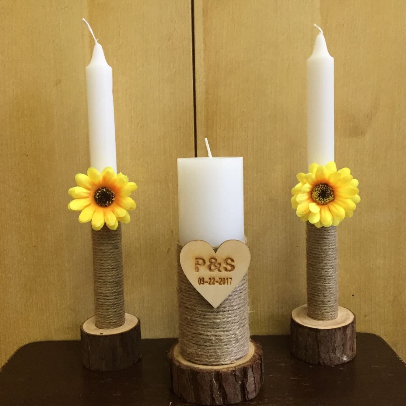 Personalized Unity Wedding Candle, Custom Wedding Candles with Wood Candle Holders, Rustic Wedding Candles, Unity Candle Holder Shabby Chic Wedding Decor Sunflower Decor