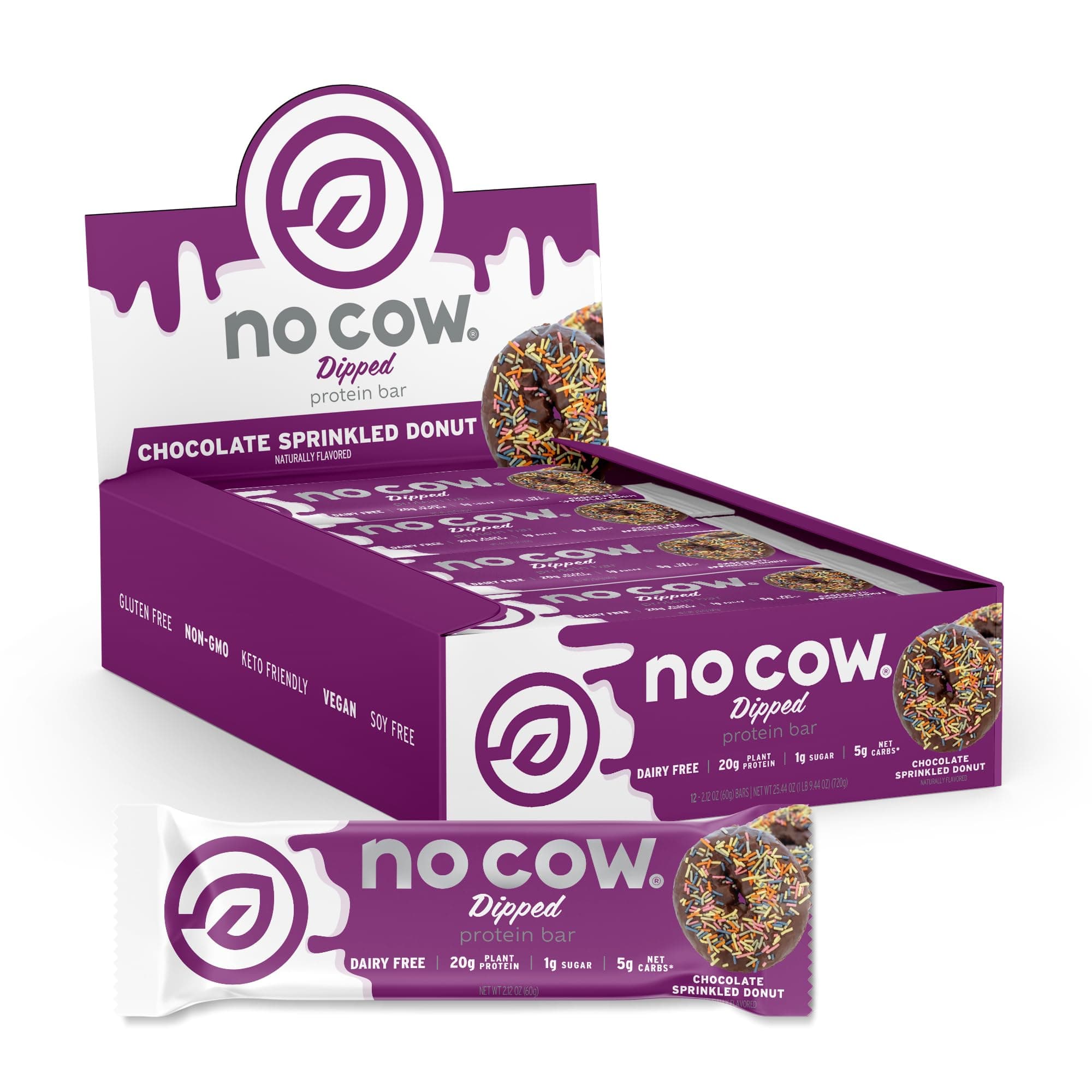 No Cow Protein Bars, 20g Plus Plant Based Vegan Protein, Keto Friendly, Low Sugar, Low Carb, Low Calorie, Gluten Free, Naturally Sweetened,Dairy Free,Non GMO,Kosher(Chocolate Sprinkled Donut,12 Count)