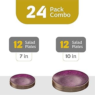 PLASTICPRO 24 Pieces Elegant Plastic Plates for Party Purple with Gold Rim Includes 7" inch and 10" inch Fancy Plastic Plates Disposable Dinnerware