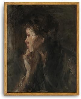 Roslynity Framed Canvas Wall Art Vintage Print Oil Paintings Dark Woman Portrait Overpeinzing Contemplation French Retro Aesthetic Artwork for Home Living Room Bathroom Wall Decor (8"x10")