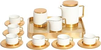 V A V Porcelain 16-Pieces Coffee and Tea Cups Set. 6 Cups (90 cc = 90 ml) & 6 Saucers Set + 1 Tray + 1 Coffee Pot (600cc)+ 1 Sugar Pot (200cc) + 1 Creamer (200cc) for 6 people.