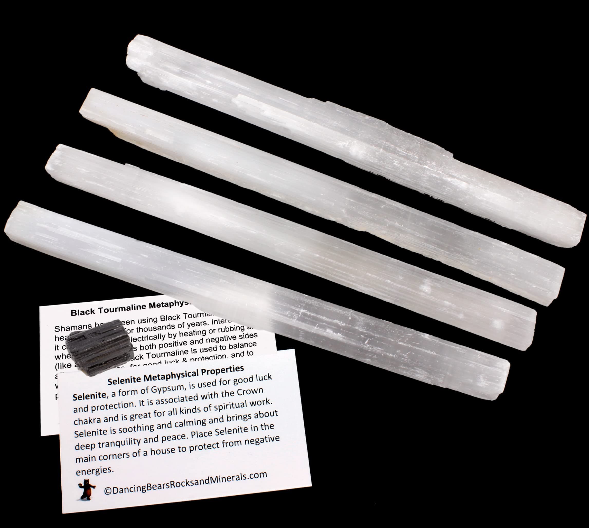 Selenite (4) Large Sticks, Approx. 6-8" Long Wands Plus Black Tourmaline Crystal and Educational ID Cards, Bulk, Reiki, Chakra, Healing, Good Luck, and Protection
