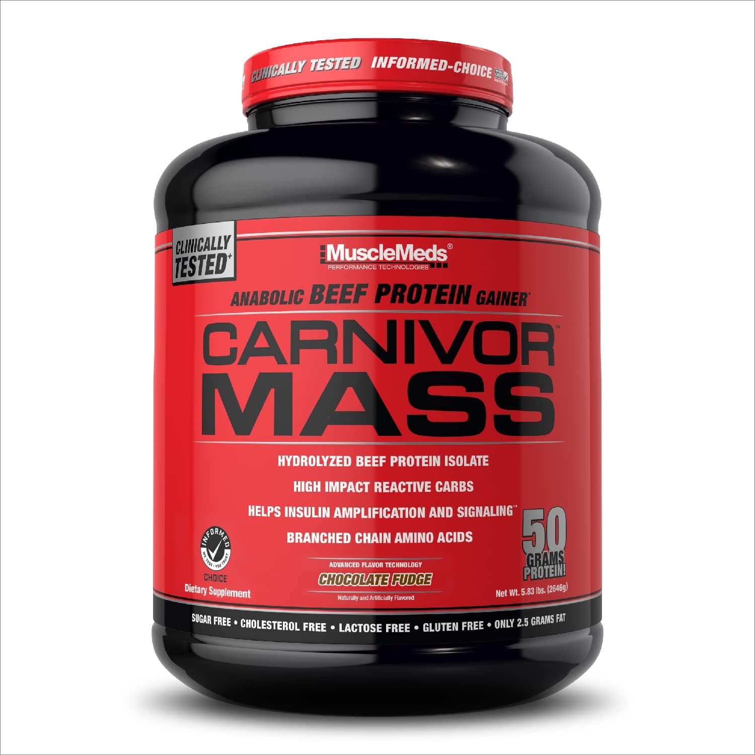 MuscleMeds Carnivor Mass Gainer Beef Protein Isolate Shake, 50 Grams Protein, 125 Grams Carbs, 0 Fat, 0 Sugar, Lactose Free, ChocolateFudge, 6 Pound