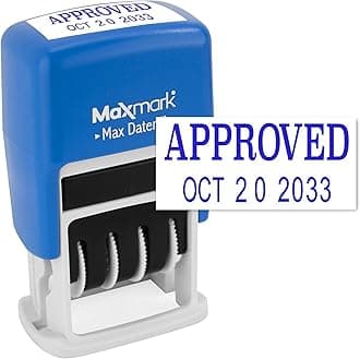 MaxMark Self-Inking Rubber Date Office Stamp with Approved Phrase & Date - Blue Ink (Max Dater II), 12-Year Band
