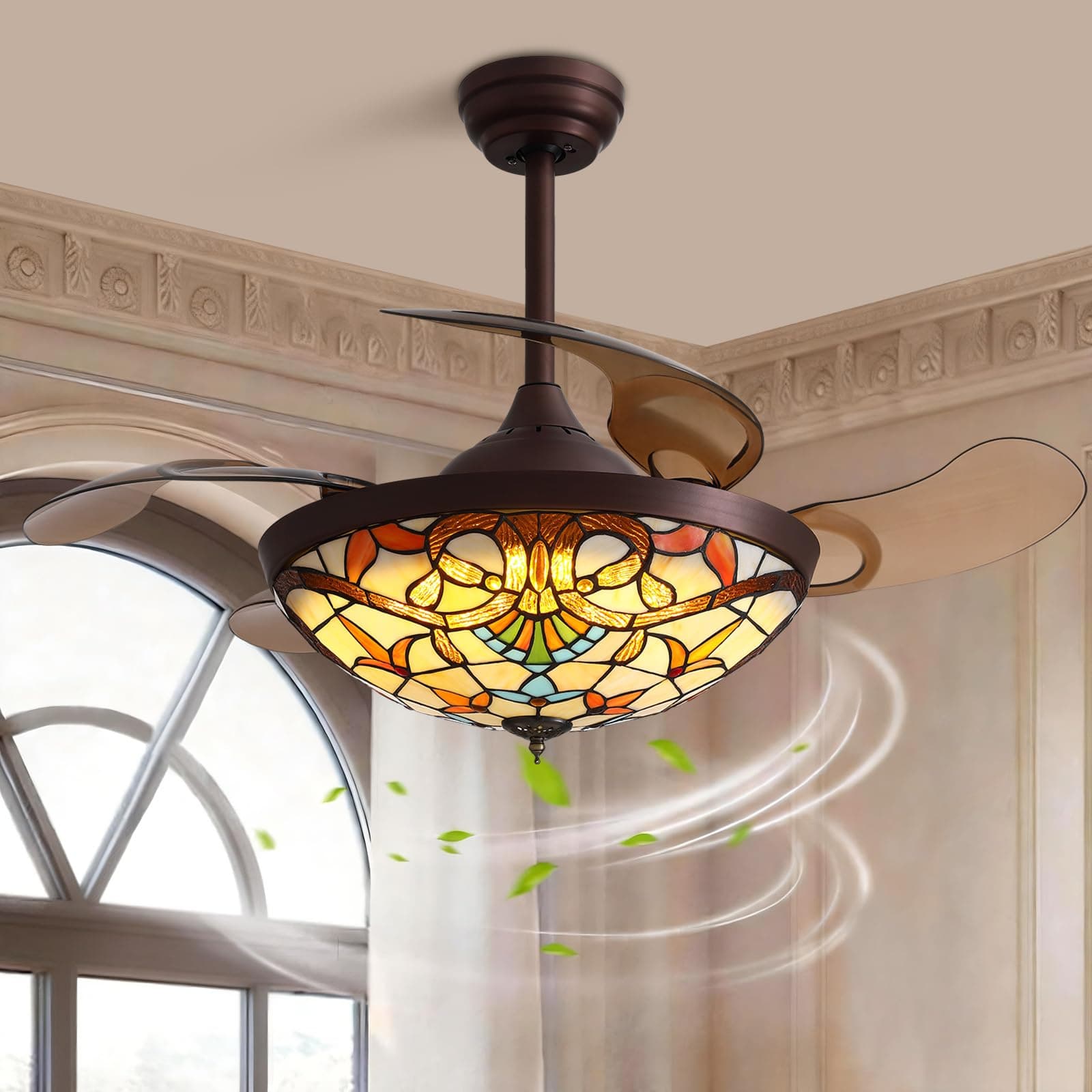Siljoy 42" Tiffany Ceiling Fan with Lights, Stained Glass Ceiling Fan Vintage Ceiling Fan with Remote Control Dimmable Fandelier with 4 Retractable Reverse Blades for Bedroom, Living and Dining Room