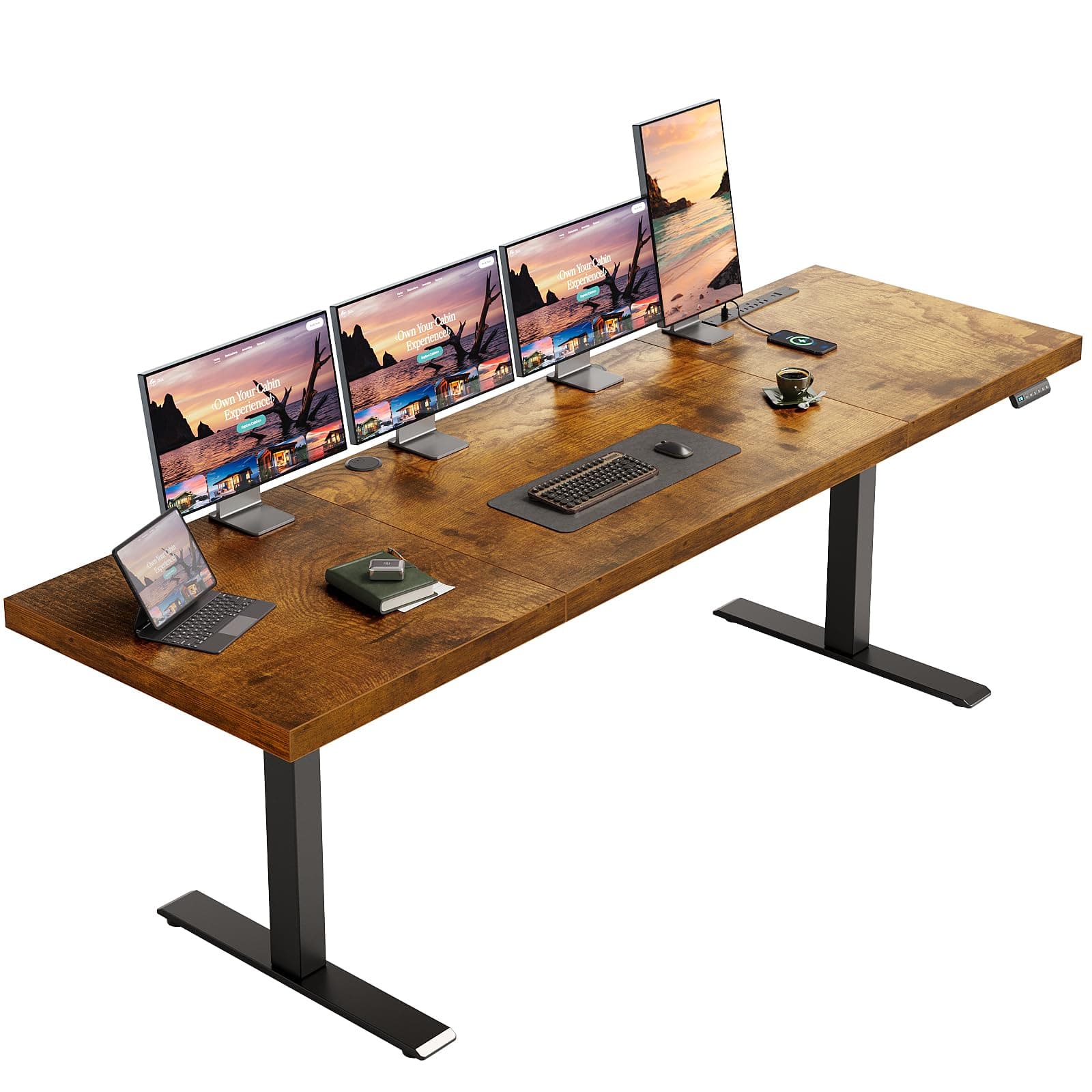 79 Inch Executive Electric Standing Desk, Height Adjustable Desk with Power Outlet & 1.38" Thick 3-Piece Desktop, Sit Stand Computer Desk for Home, Office, Conference Room, Rustic Brown
