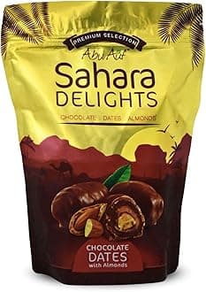 Abu Auf Semi Dry Dates Without Seed Stuffed With Almond Coated With Chocolate Sahara Delights Delicious Finest Natural Tamr Free From Genetically Modified Fresh Kosher Halal (1 Pack = 10.58 oz)
