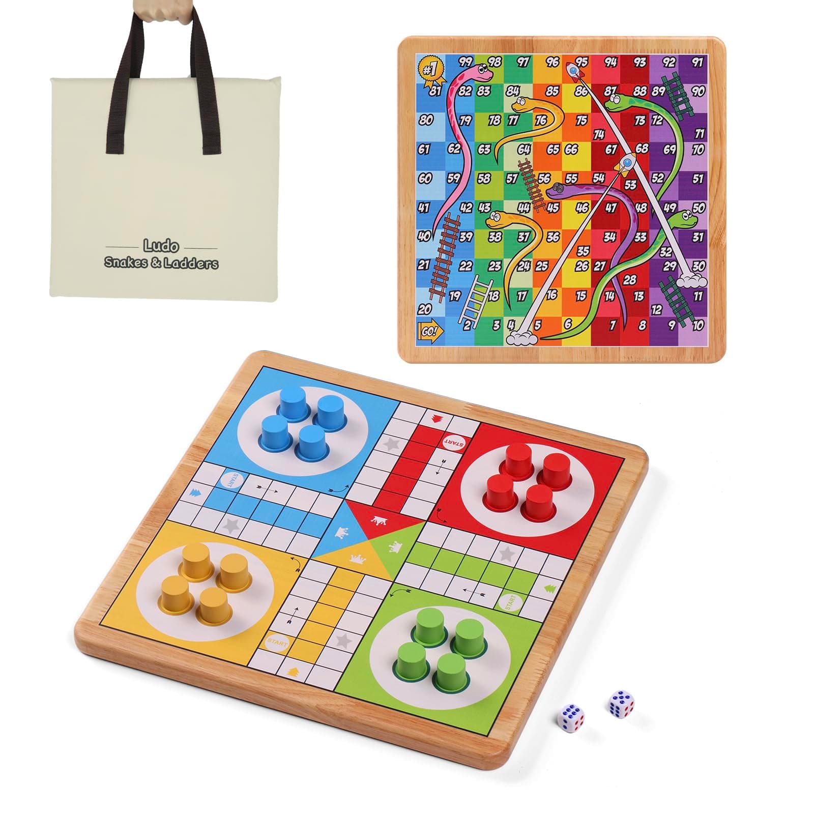 12 Inches Ludo Board Game + Snakes&Ladders, 2 in 1, Classic Board Game for Adults and Kids, Including 1 Game Board, 2 Dice, 16 Game Pieces, Rules and Carrying Bag.