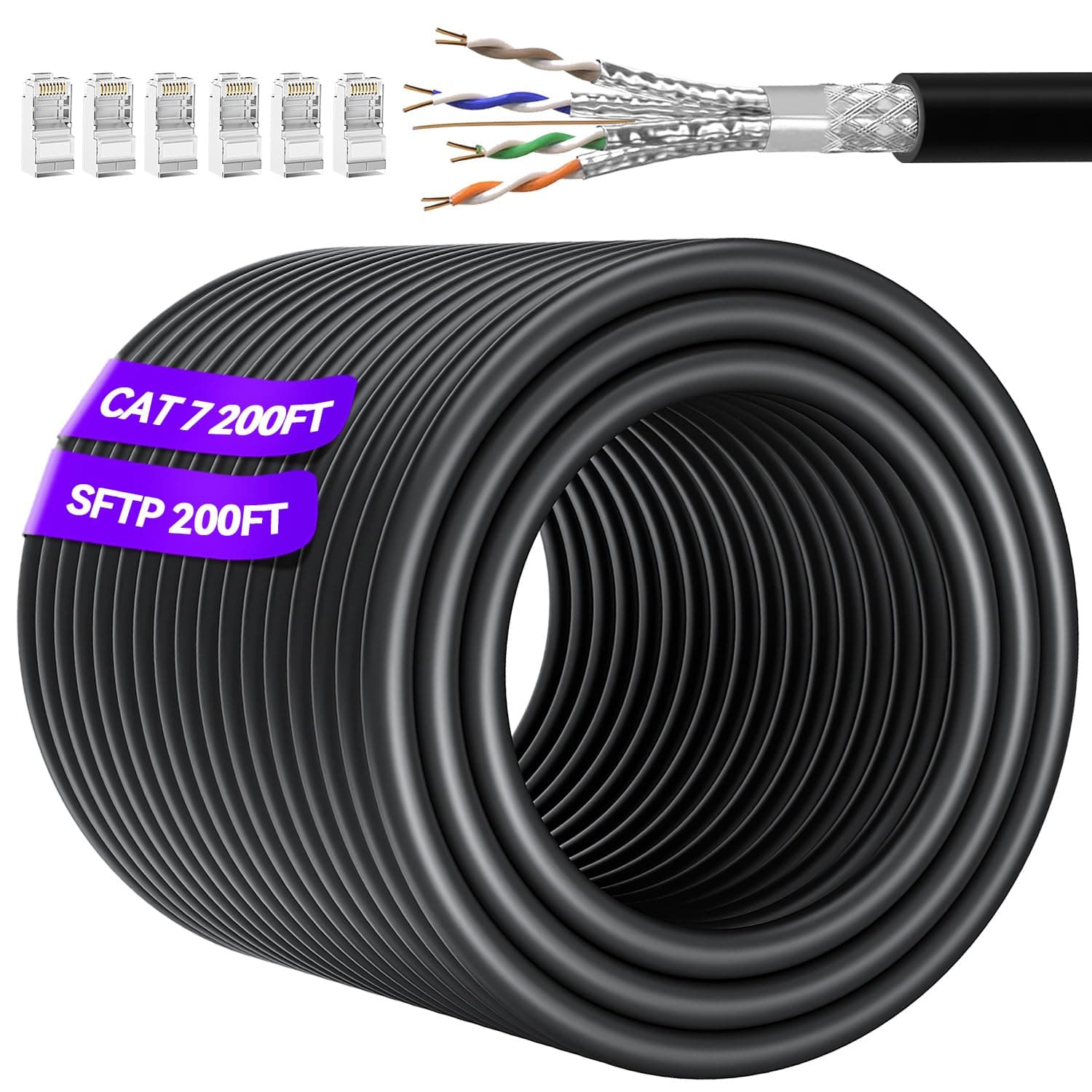 Cat 7 Outdoor Ethernet Cable 200ft (10RJ45), SFTP Triple Shielded Ethernet Cable Bulk, High Speed 10Gbps 600Mhz, 24AWG, Waterproof, Direct Burial, UV Resistant Internet Cable 200 ft for Modem Router