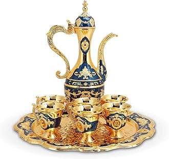 Vintage Turkish Coffee Pot with 6 Coffee Cups, Metal Turkish Tea Set Including Craft Tea Tray Teapot and Tea Cups for Wedding Gift (Dark Blue)