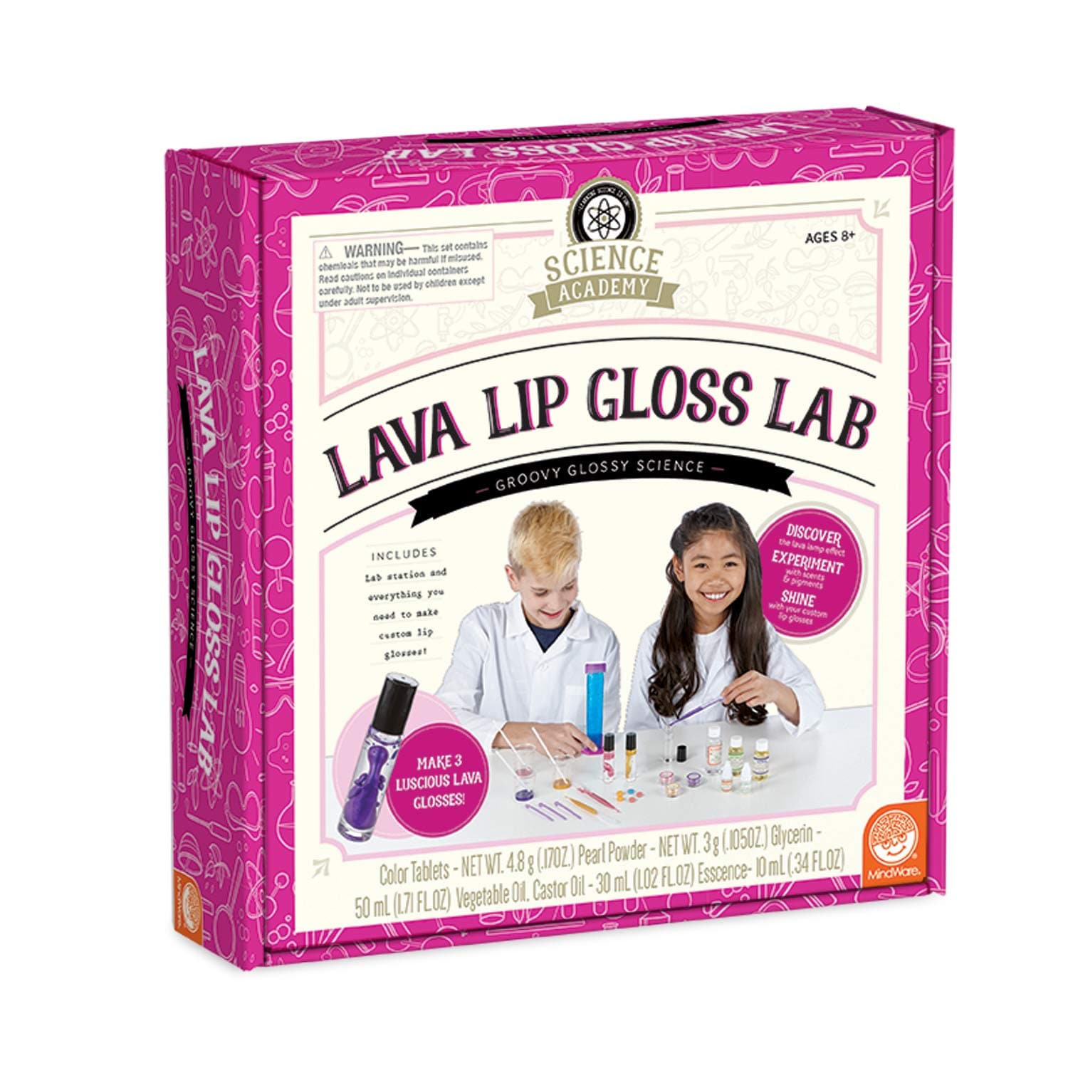 Science Academy Lava Lip Gloss Lab - 33 Piece Lip Gloss Making Kit - Make 3 DIY Lip Glosses
