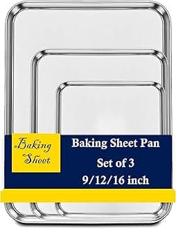 Set of 3 Baking Sheet, Stainless Steel Cookie Sheet Baking Sheet Pan, 9/12/16 Inch Cookie Tray Pans for Baking, Non Toxic & Easy Clean