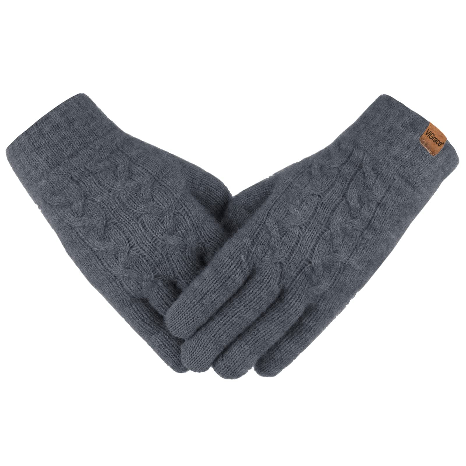 ViGraceWomen's Winter Warm Touch Screen Gloves Cable Knit Wool Fleece Lined Touchscreen Texting Mittens for Women