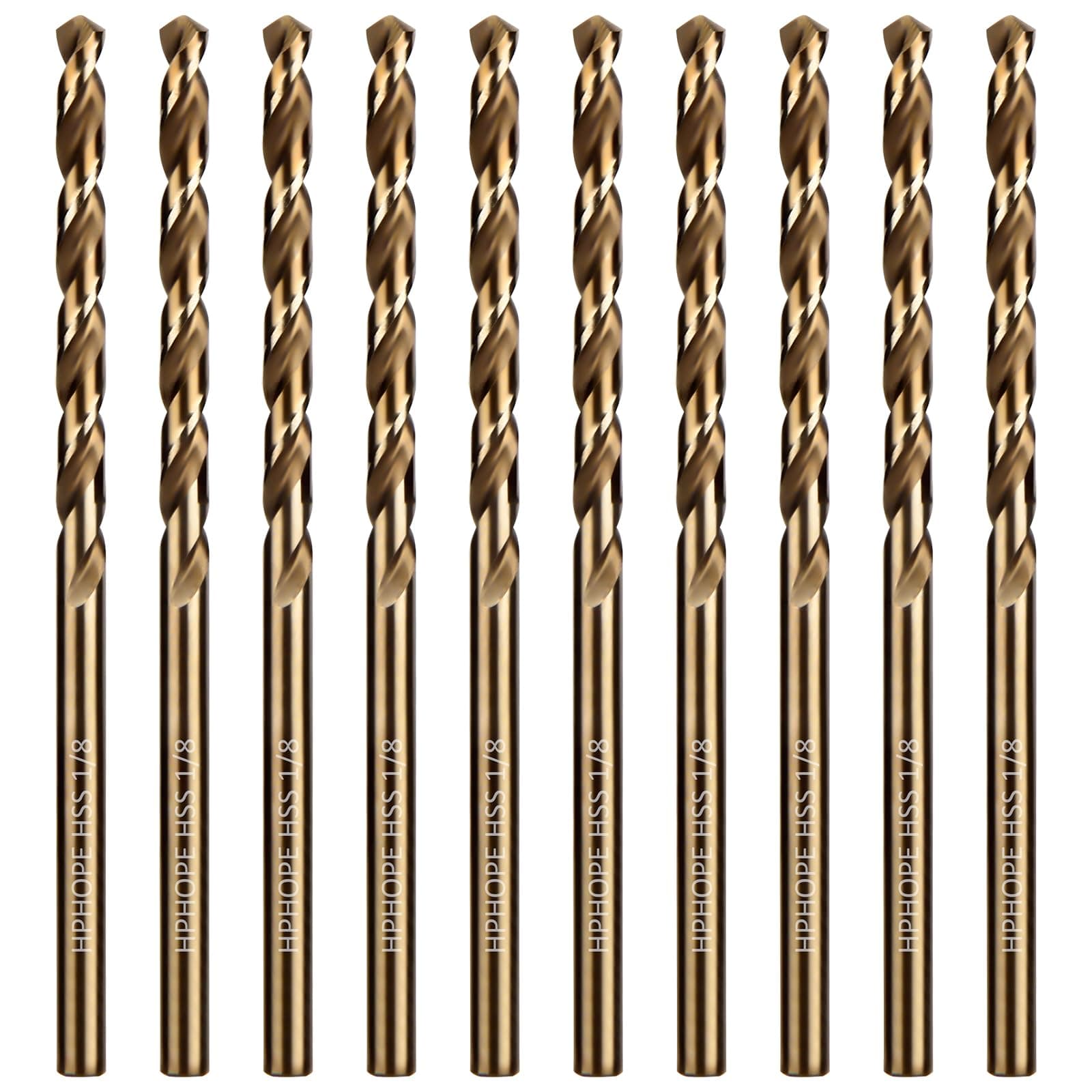- 1/8 Inch HSS Twist Drill Bits 10Pcs, HPHOPE 1/8" Jobber Drill Bits Set, Straight Round Shank, Suitable for Drilling in Hard Metal, Stainless Steel, Cast Iron