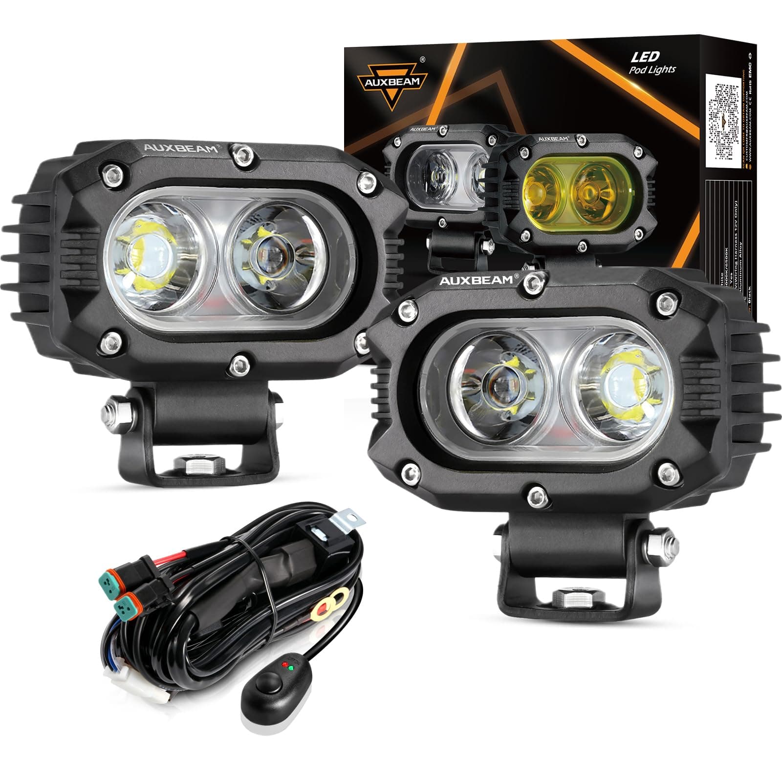 Auxbeam 4 Inch LED Pod, Square Pod Light with 5050 LED White Flood Beam Offroad Driving Fog Light with Wiring Harness for Jeep Wrangler Truck Pickup SUV ATV UTV (2 Pcs)