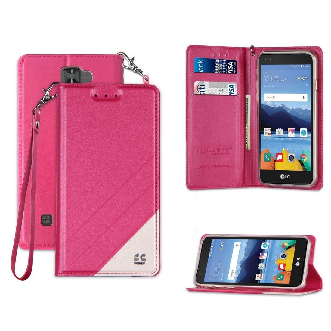 Spots8 LG K8V VS500 Case PU Leather TPU 2 Tone Card Slot Magnetic Close Strap Kickstand Hot Pink White With Clear Gel