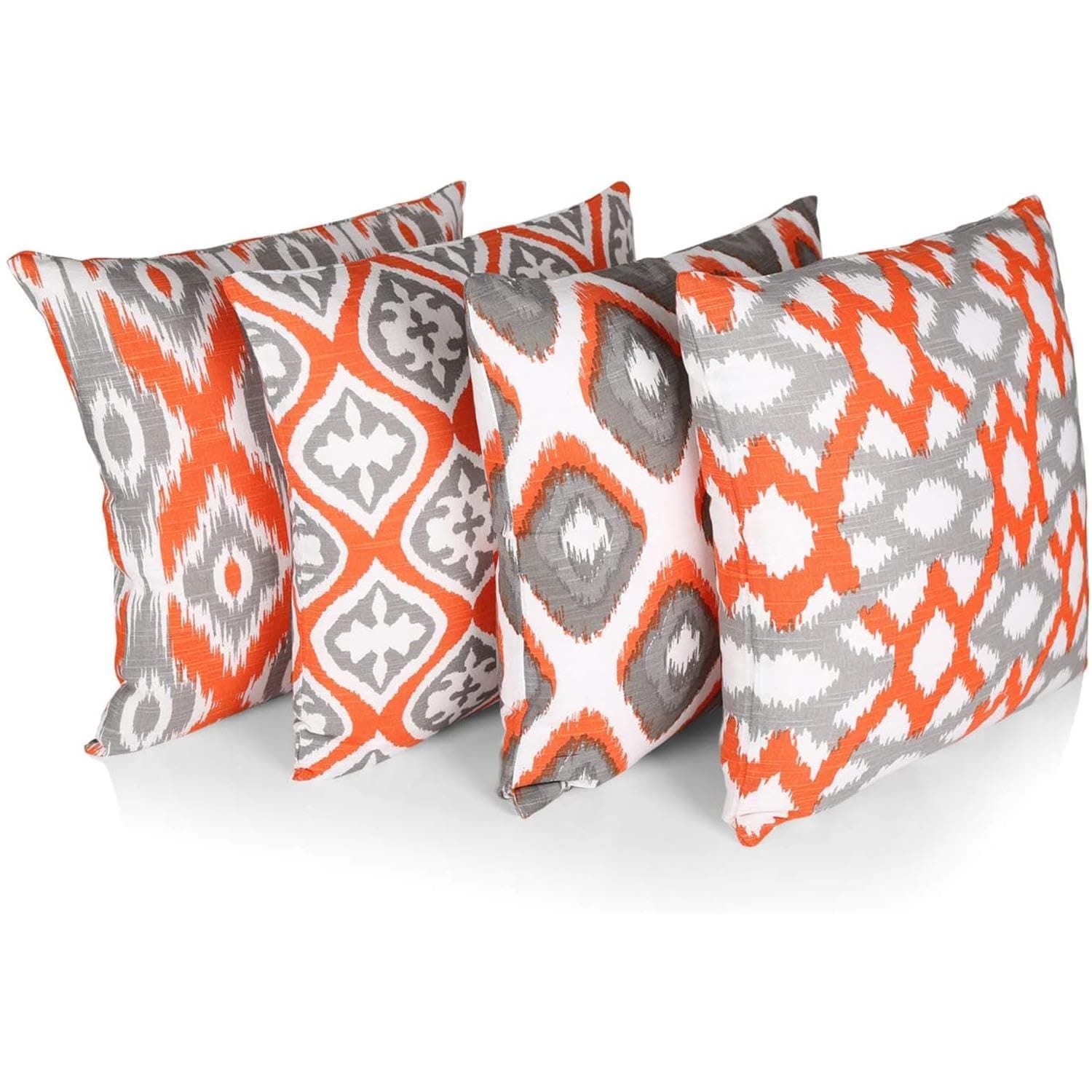 Penguin Home® 100% Cotton Decorative Double Sided Square Cushion Covers with Invisible Zipper 45cm x 45cm x 18” (Set of 4, Orange/Grey Pattern), 45 X45 X1 cm