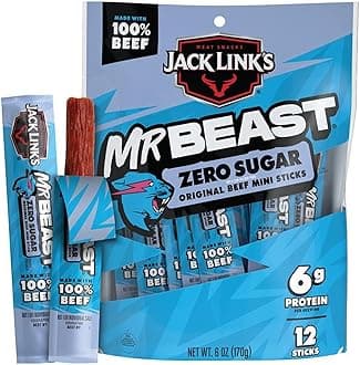 Jack Link’s x MrBeast Beef Sticks, Zero Sugar Mini Beef Sticks, As Seen on Beast Games, 6g Protein, Made with 100% Real Beef, Pantry-Ready Snacks, 12 Count