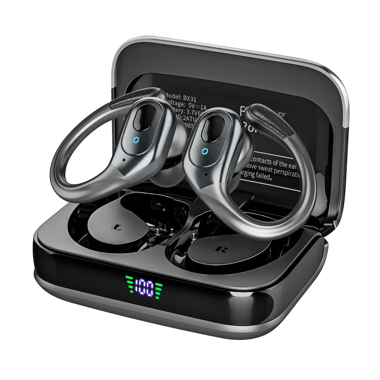 Bluetooth Headphones Wireless Earbuds with 75Hrs Playback, LED Display Charging Case, IPX7 Waterproof, Over-Ear Design Ear Buds for Sports/Running/Workout - Black