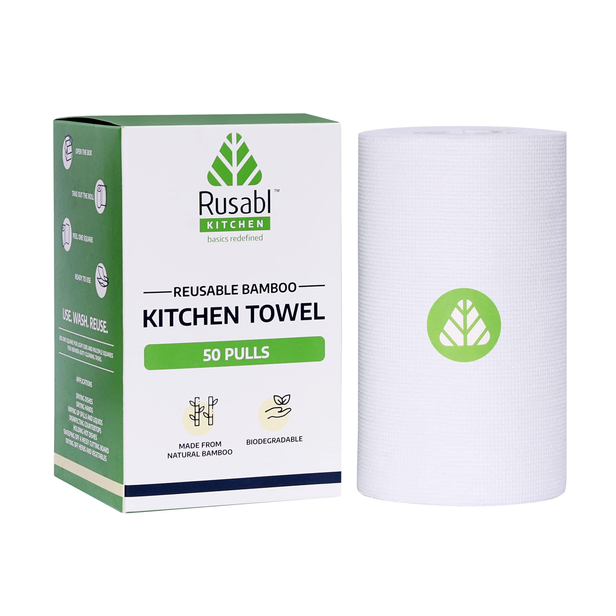 RUSABL Organic Kitchen Towel Roll for Cleaning, Reusable Cleaning Bamboo Cloth, No Tree Paper Towels, Eco-friendly and Biodegradable (50 Sheets)