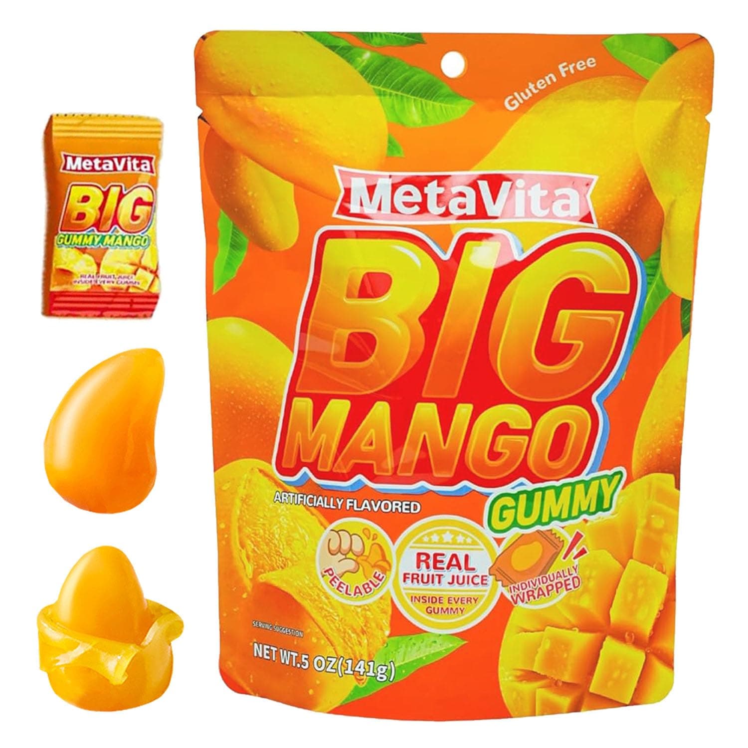 MetaVita 5oz- Big Mango Gummy Candy – Individually Wrapped Peelable Mango Gummy with Real Puree – Chewy, Gluten-Free – 1 Pack
