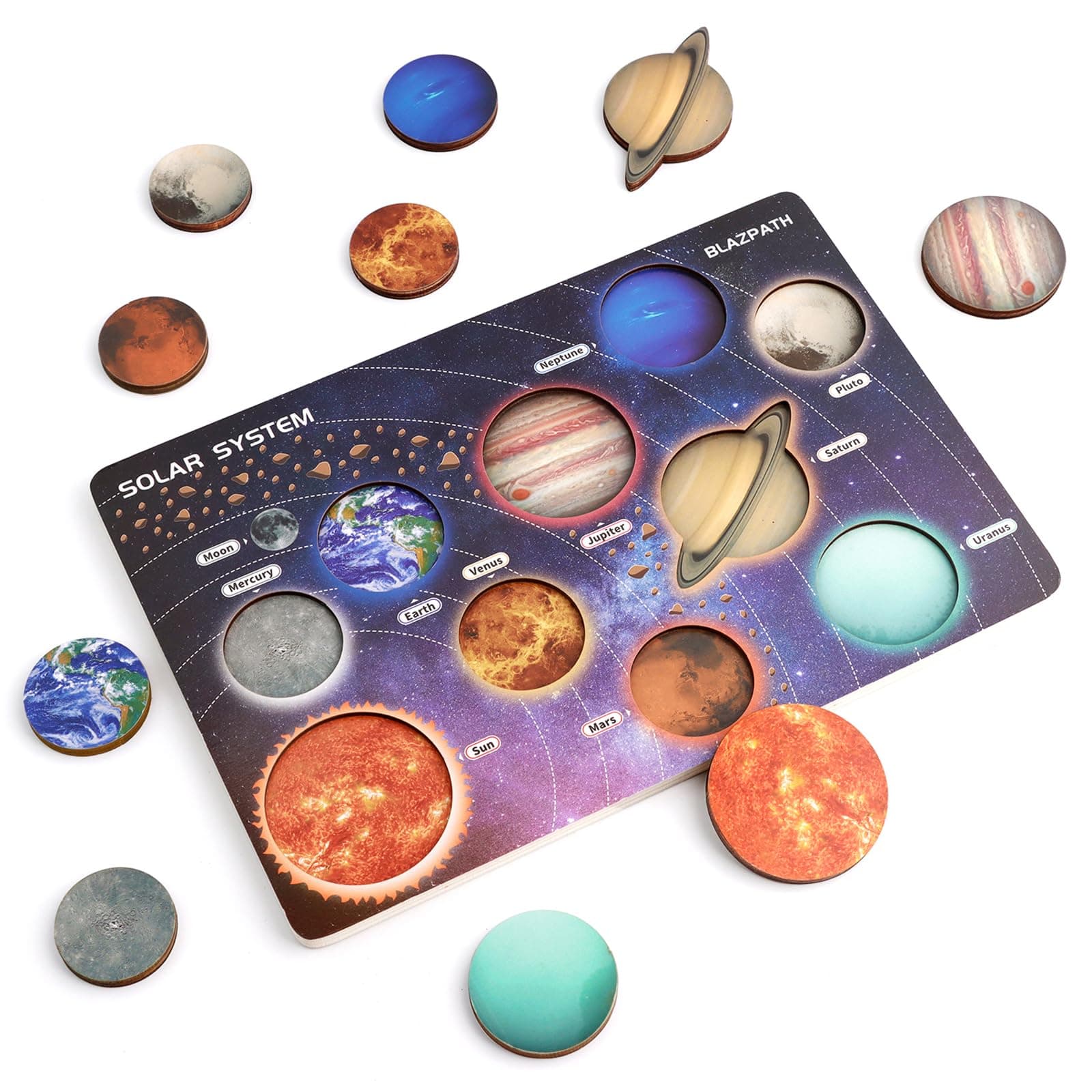 Solar System Wooden Puzzle Toy Model for Kid 3-5, Toddler Montessori Movable Planet Name Board Game, Outer Space Themed Imaginary Sensory Play Gift, Preschool Science Stem Learning Activity