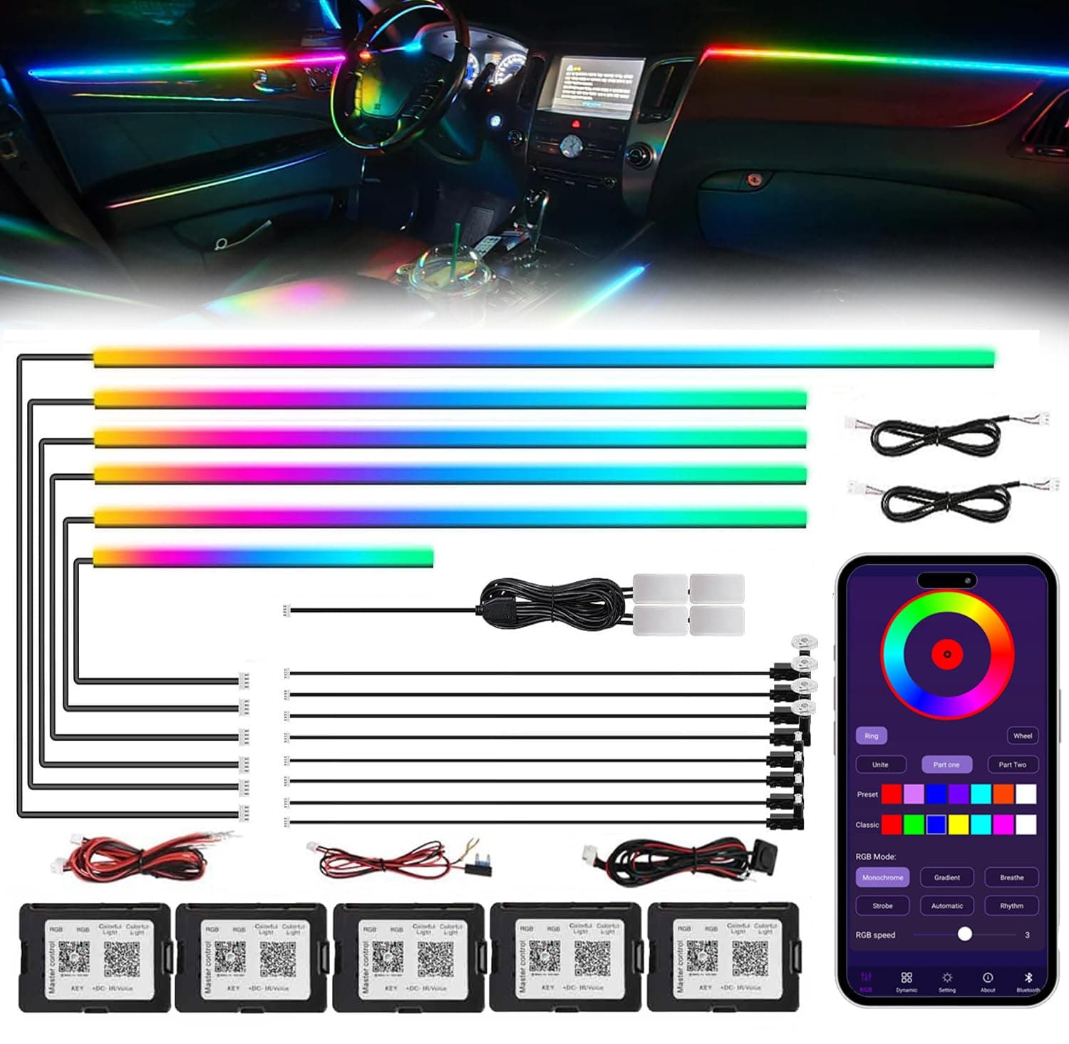- Acrylic Interior Car LED Strip Light with Wireless APP, RGB 18 in 1 with 175 inches 593 LEDs Fiber Optic Ambient Lighting Kits, 16 Million Colors Sound Active Function Car Neon Lights