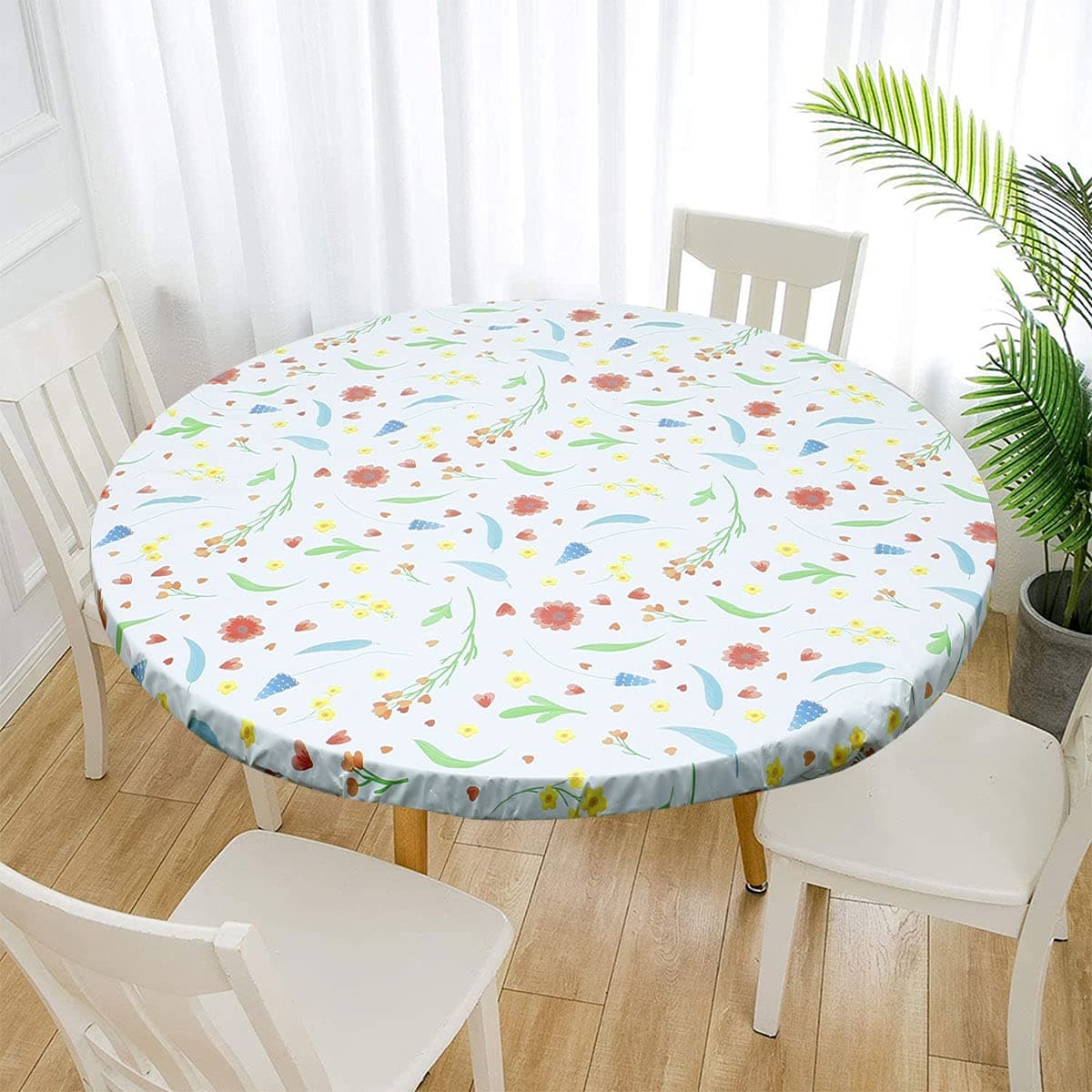 Waterproof Round Tablecloth, Elastic Edged Fitted Flannel Backed Table Cover Stain Resistant Oil-proof PVC Table Protector Cover for Dinning Room Kitchen Picnic Party (Red Flowers, 90-110cm)
