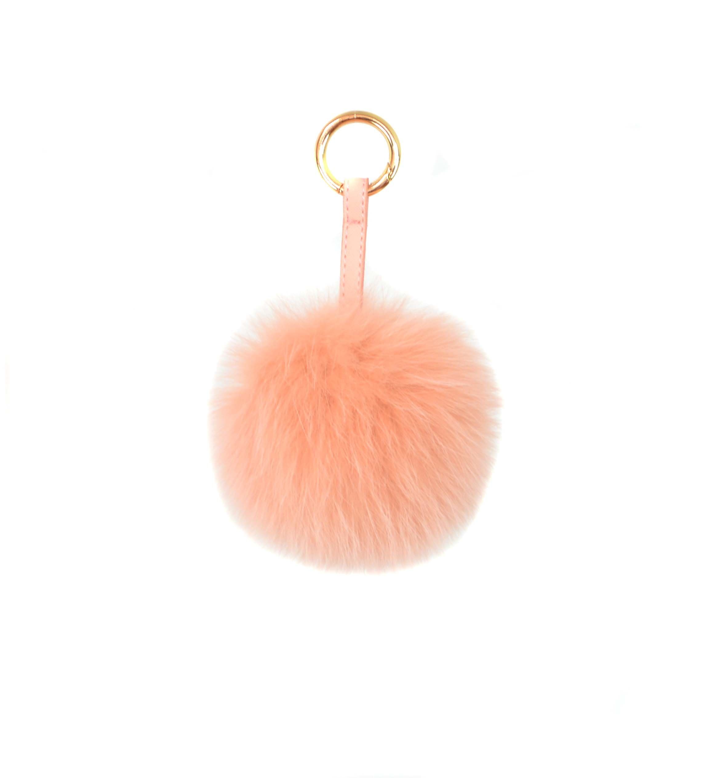 Surell Fox Fur Key Chain - Pink Pom Pom Keychain - Bag Purse Charm - Gold Ring Fluffy Fur Ball - Fashion Gift