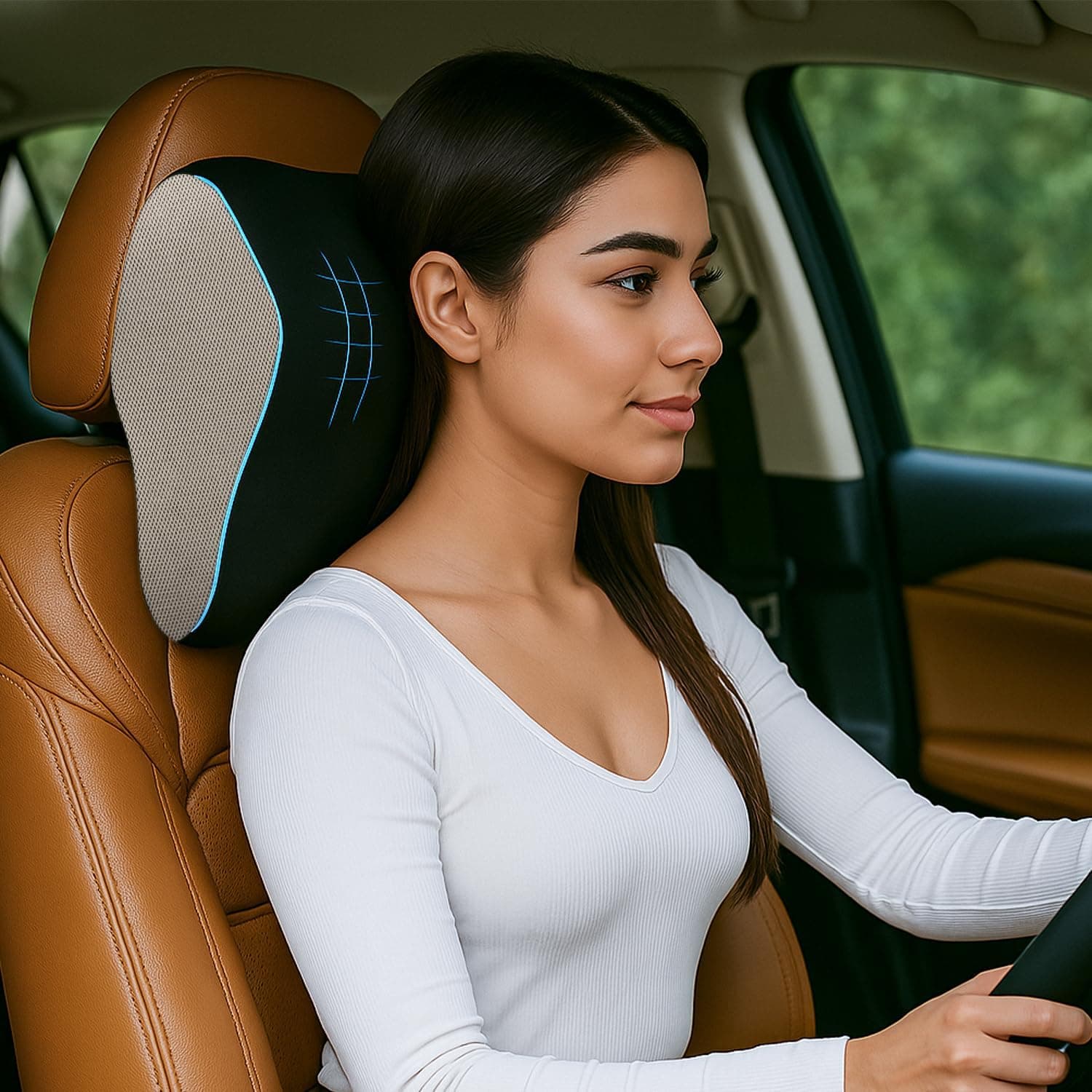 Sleepsia Car Neck Pillow for Head & Cervical Support | 1 Year Warranty | 100% Memory Foam | Ergonomic Car Seat Headrest Cushion – Relieves Neck Pain (Black/Grey)