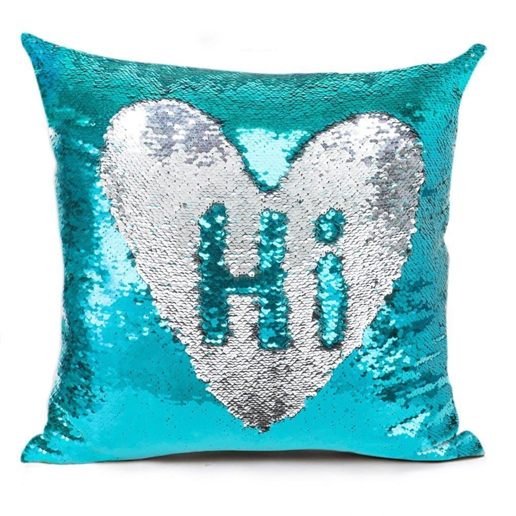 MOCOFO Glitter Pillow, Reversible Flip Sequins Pillow Cover Teal Magic Mermaid Fish Pillowcase Parkly Fun Shines Throw Pillow Cover Silver Couch Cute Color Changing Cushion Covers for Sofa16X16