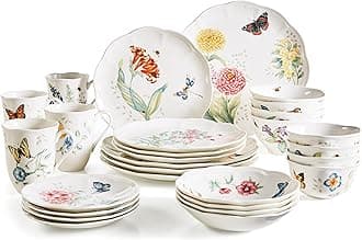 Dinnerware Set, Butterfly Meadow 28-Piece Set, Service For 4, Porcelain Plates With Scalloped Edges, Plates And Bowls Sets, Microwave Safe, Dishwasher Safe, Home & Kitchen (28 Piece, Assorted)