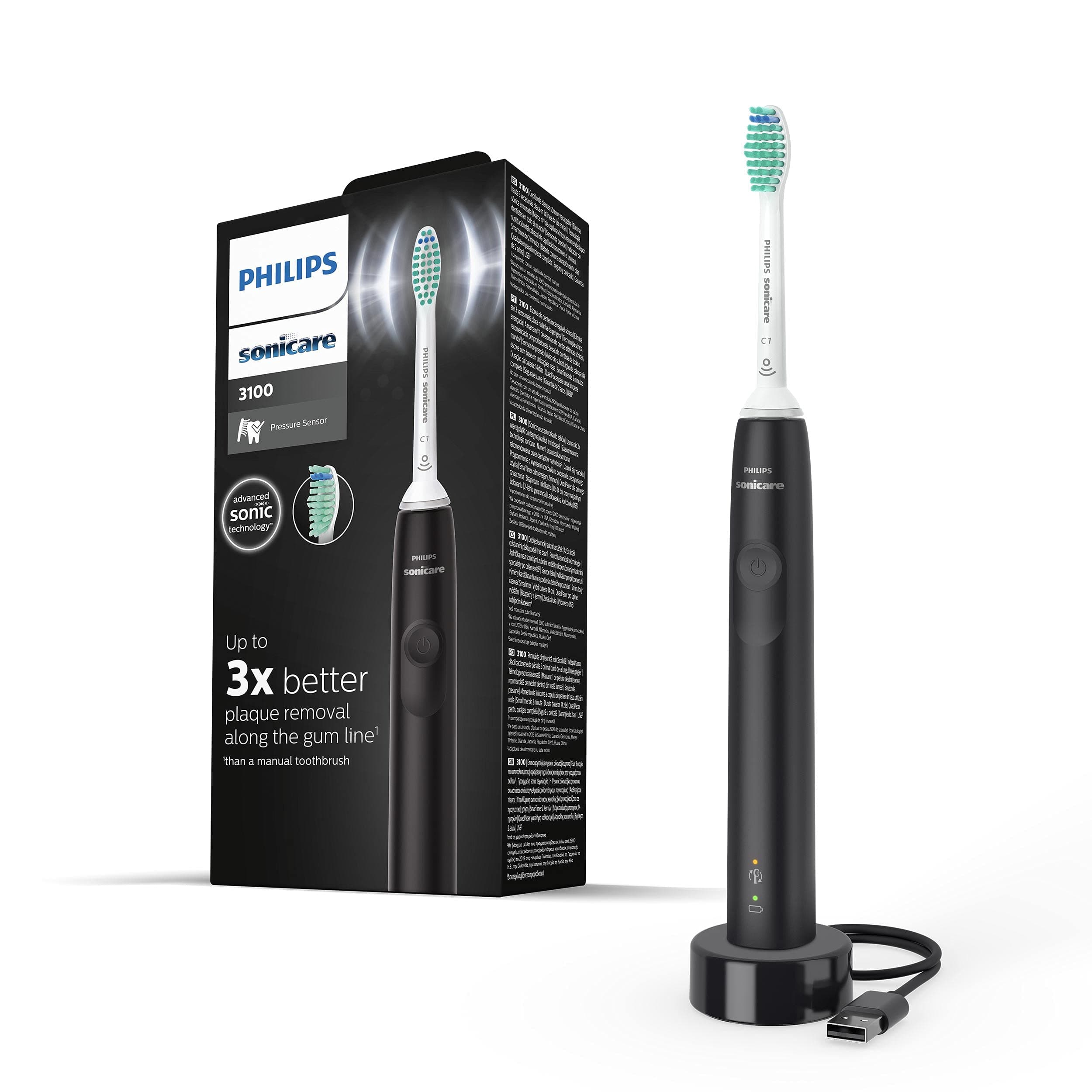 Sonicare 3100 Series Electric Toothbrush, Sonic Toothbrush, Pressure Sensor and Timer, Black, HX3671/14