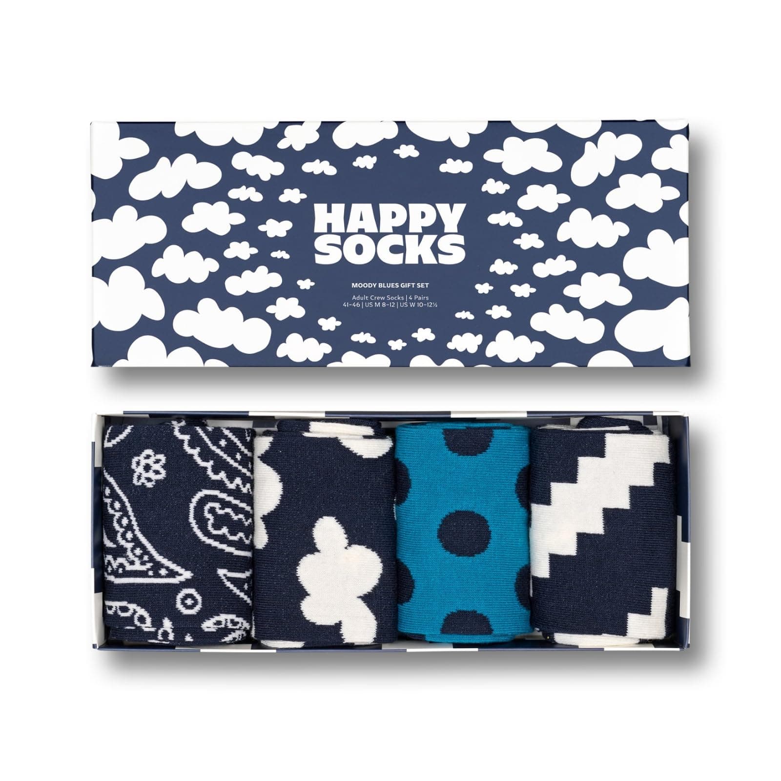 Happy Socks 4-Pack Moody Blues Socks Gift Set | Classic Prints | Unisex 36-40 | Cotton, Polyamide, Elastane | Premium Luxury cotton Socks