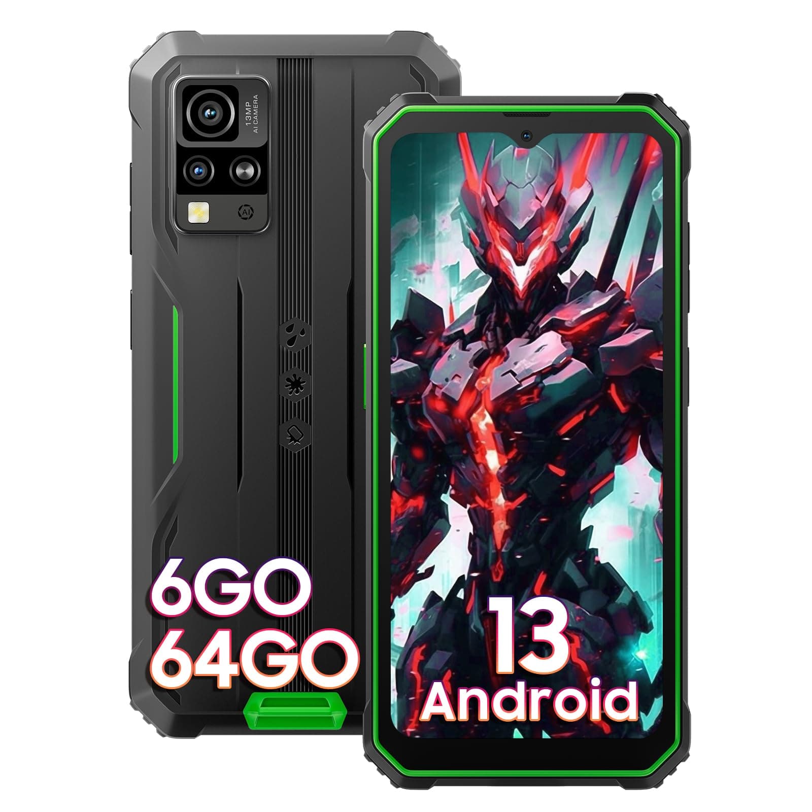 Phone BV4800, Android 13 4GB+32GB 2TB Expand Rugged Smartphone, 6.56" Incell Screen 5180mAh Rugged Phone, 4G T-Mobile Dual SIM Rugged Smartphone Unlocked, IP69K, 3 Card Slots/Face ID-Black